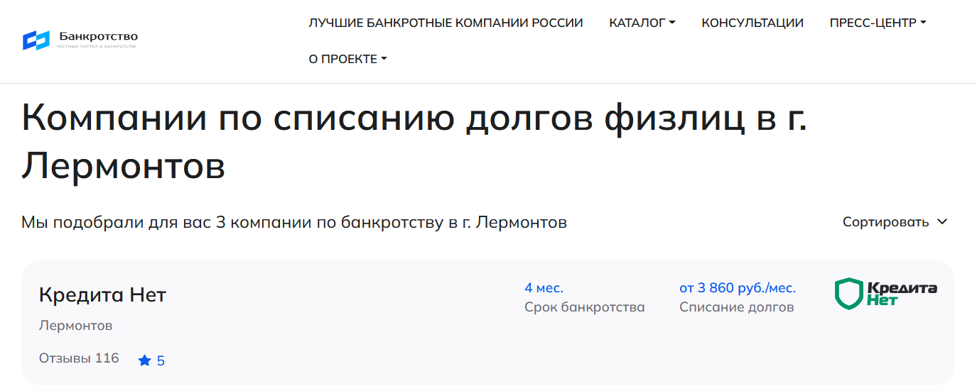 КредитаНет – первые в рейтинге компаний по банкротству в Лермонтове на сайте Банкротство Инфо